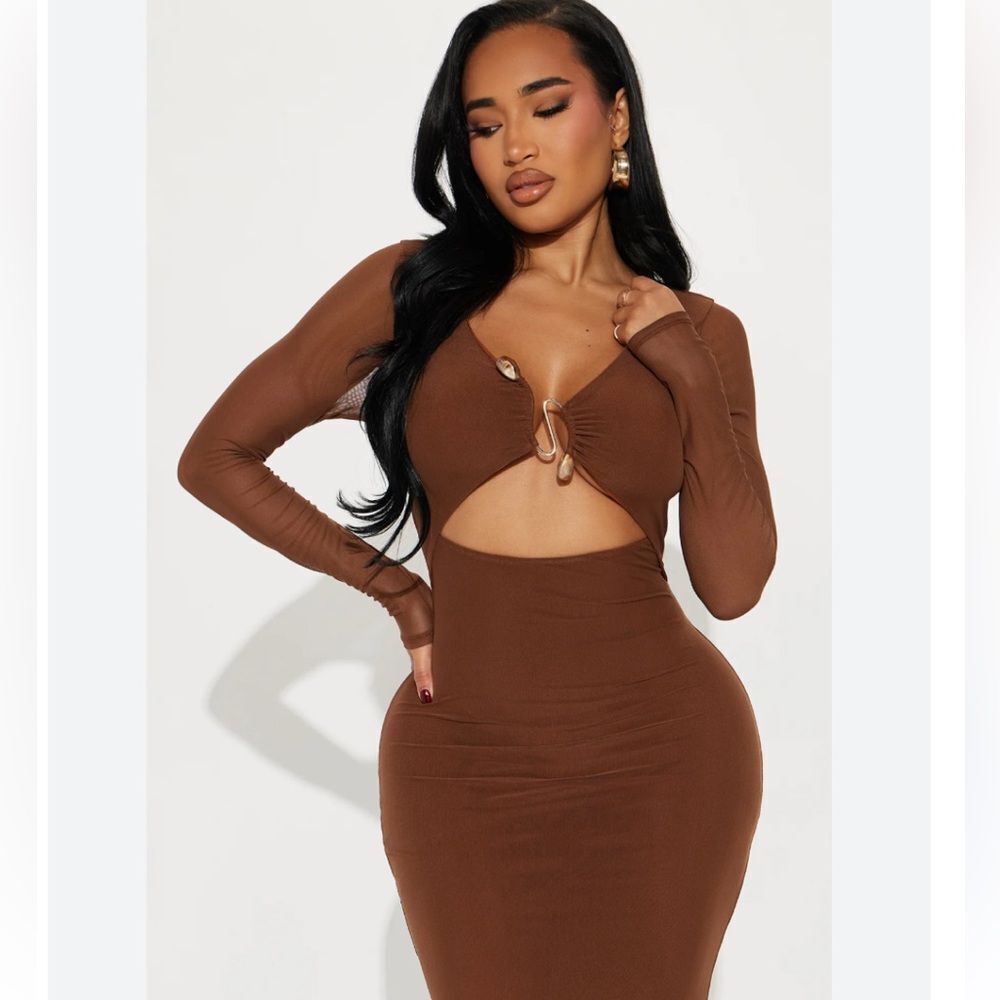 Fashion Nova Kristen Mesh Maxi Dress Brown Mesh Long Sleeve Sz Large NWT - Picture 2 of 14